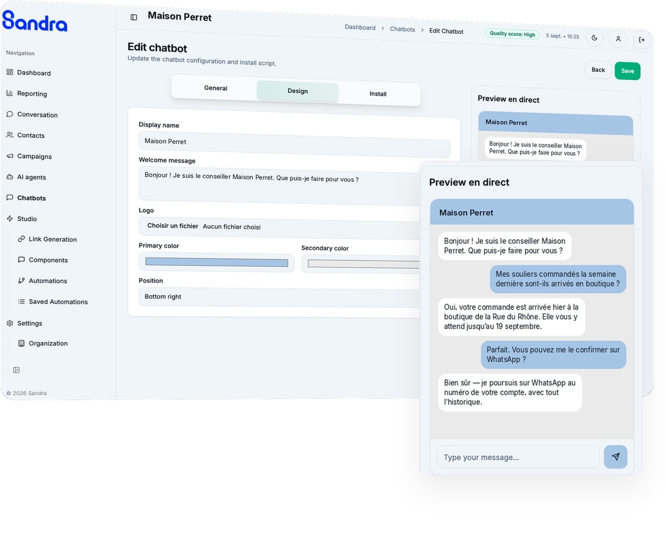 Configuration du chatbot web Sandra et aperçu en direct du widget