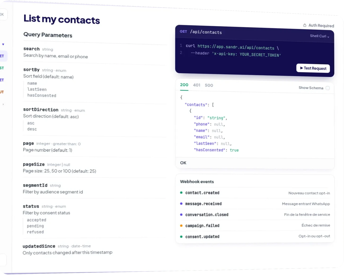 La documentation API Sandra : liste des endpoints, paramètres de requête, exemple d'appel curl et événements webhook