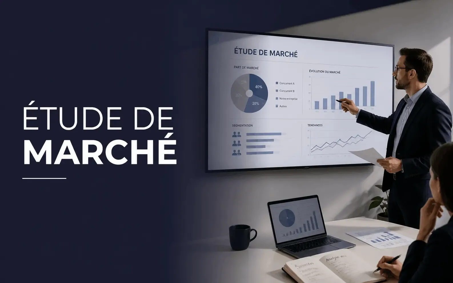 un homme présente une étude de marché affichée à l'écran montrant des graphiques et des données de segmentation tandis qu'une femme prend des notes