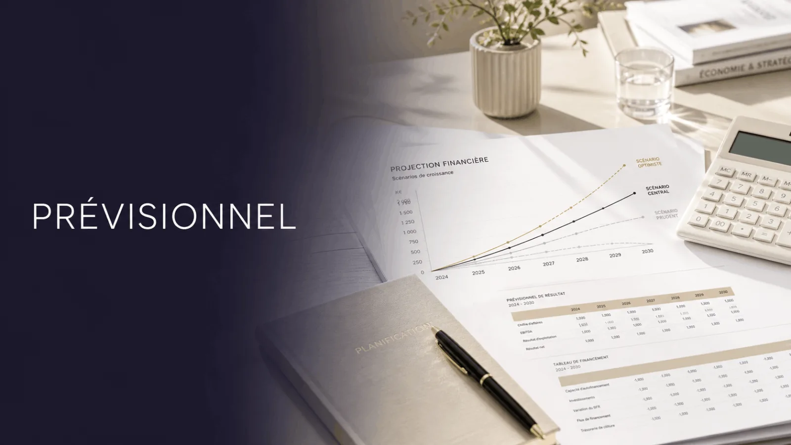 projection financière prévisionnel avec scénario optimiste scénario central scénario prudent sur un graphique près d'un carnet planification et d'une calculatrice