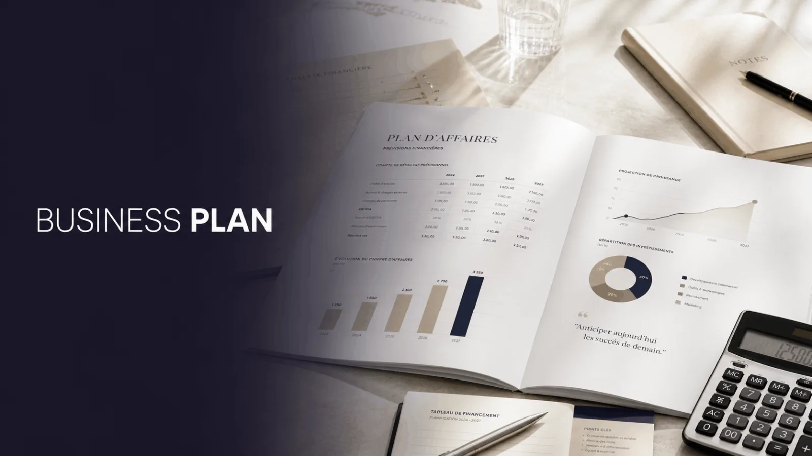 une page ouverte d'un business plan avec des graphiques et tableaux financiers à côté d'une calculatrice et un carnet de notes