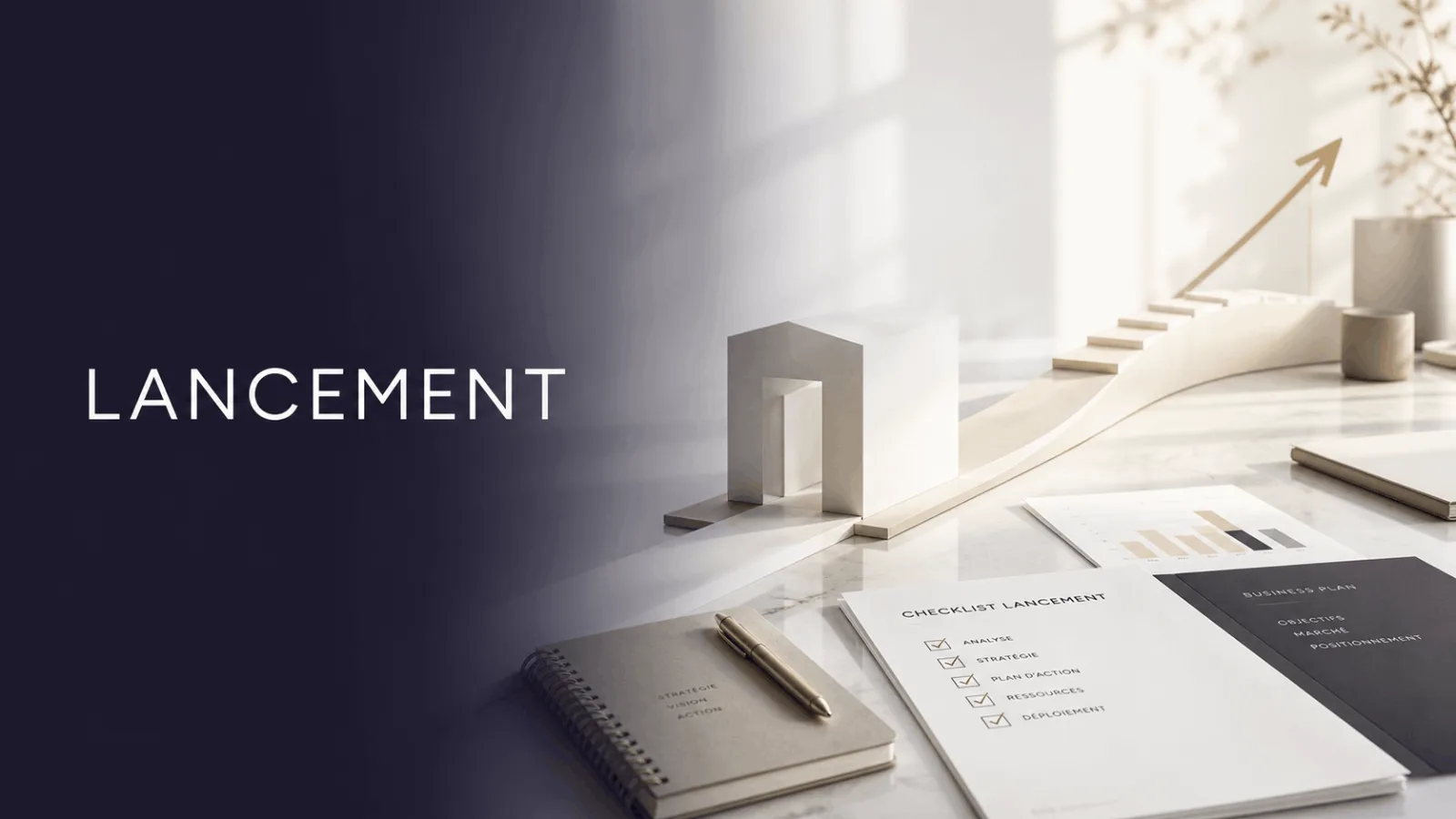 bureau avec checklist lancement, carnet, business plan et maquette avec flèche ascendante symbolisant la croissance