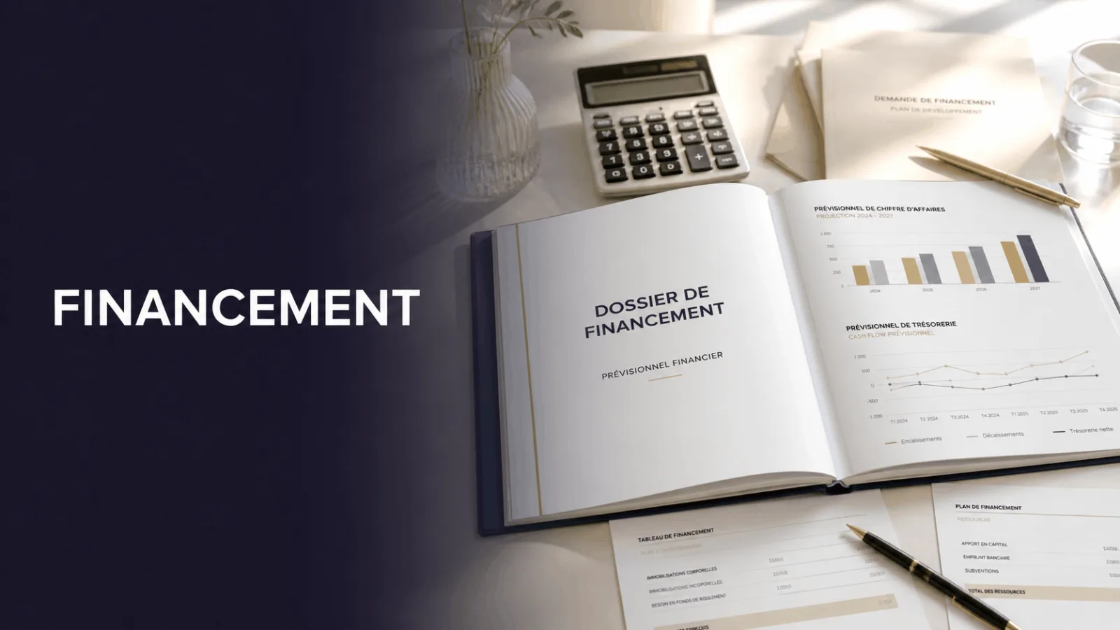 un dossier de financement ouvert avec des graphiques financiers, une calculatrice, des documents et un stylo posés sur une table