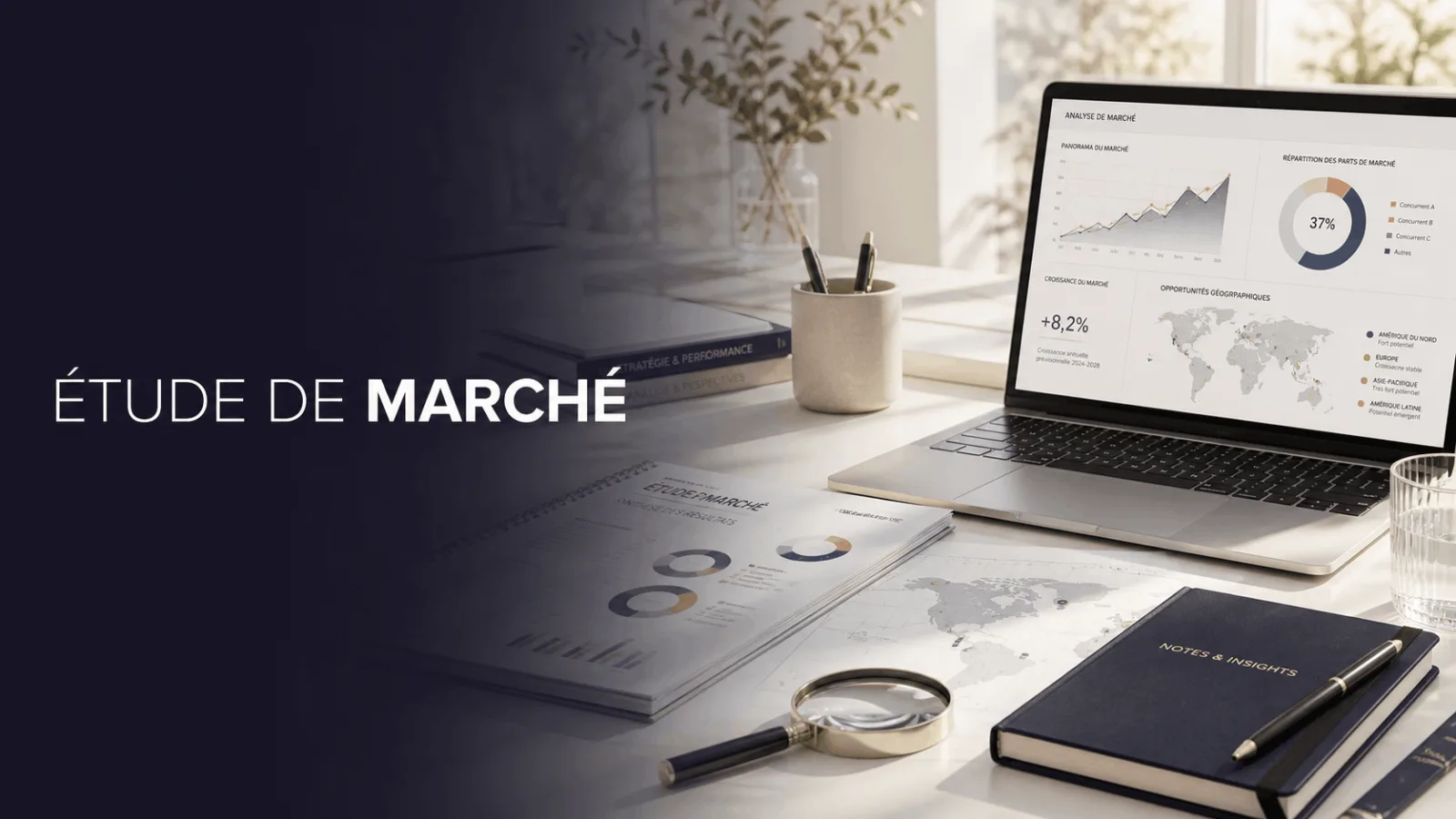 Bureau avec ordinateur portable affichant une analyse de marché et documents avec étude de marché posés sur la table