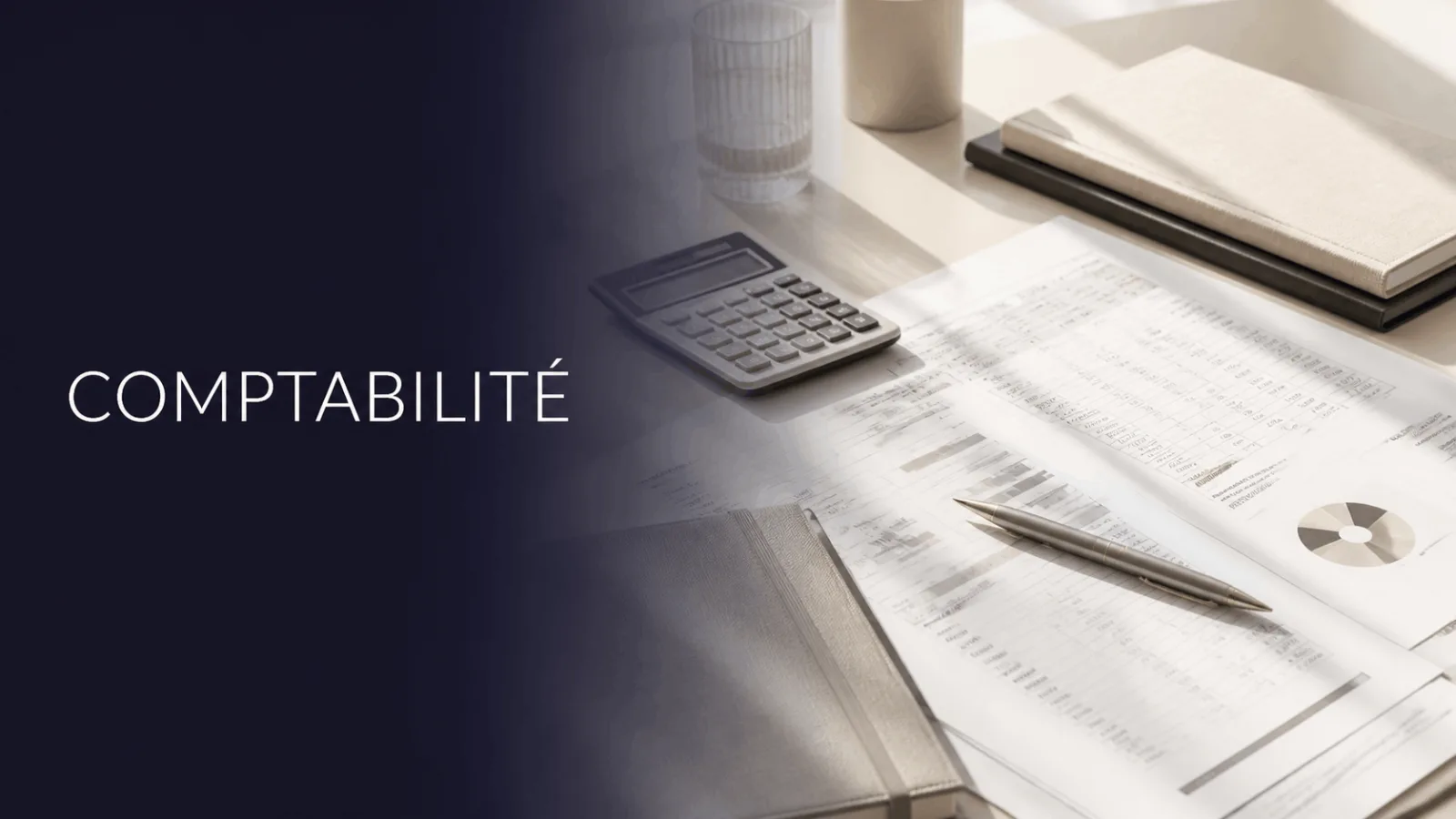 calculatrice et documents financiers sur un bureau avec le mot comptabilité en arrière-plan