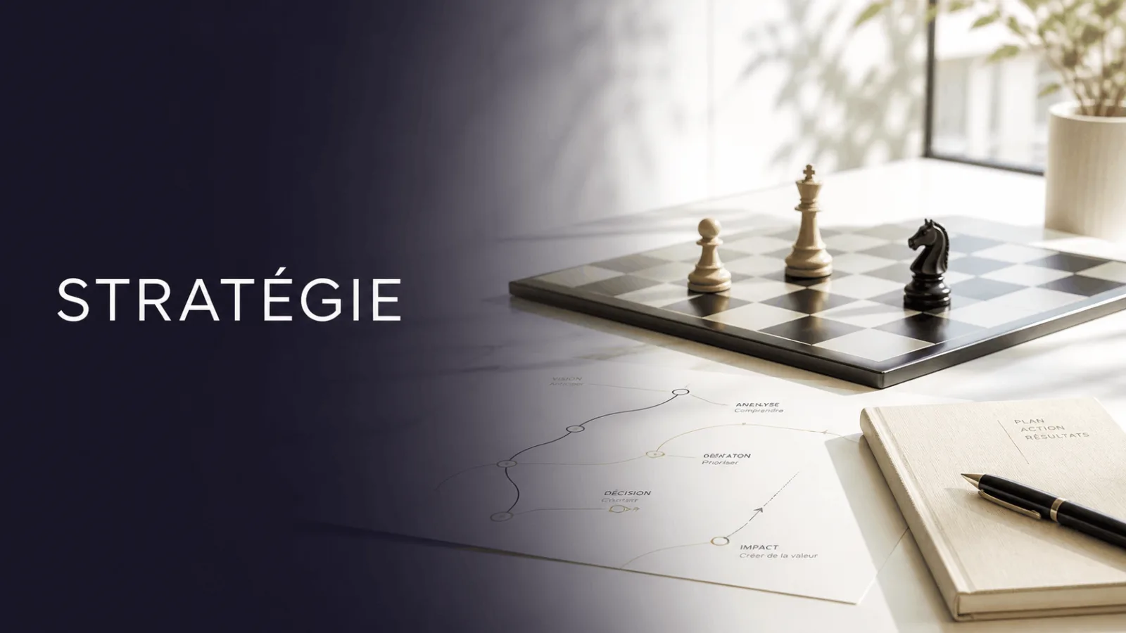 Une planche d'échecs avec des pièces sur un bureau à côté d'un carnet marqué plan action résultats et d'un schéma stratégique avec le mot stratégie en grand