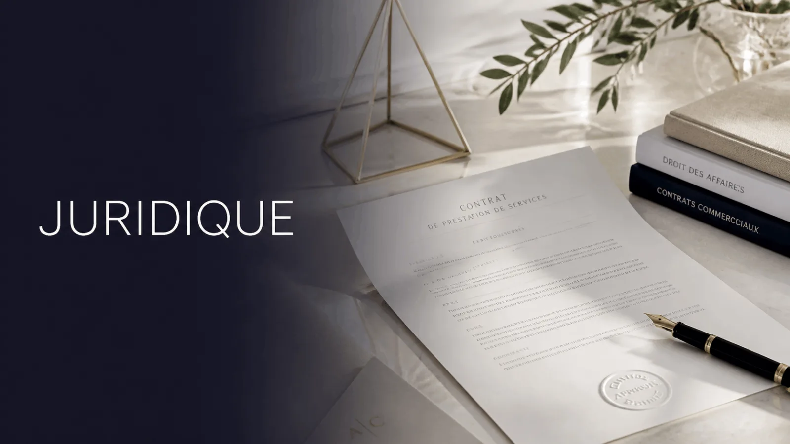 contrat de prestation de services posé sur une table avec un stylo, accompagné de livres de droit des affaires et contrats commerciaux