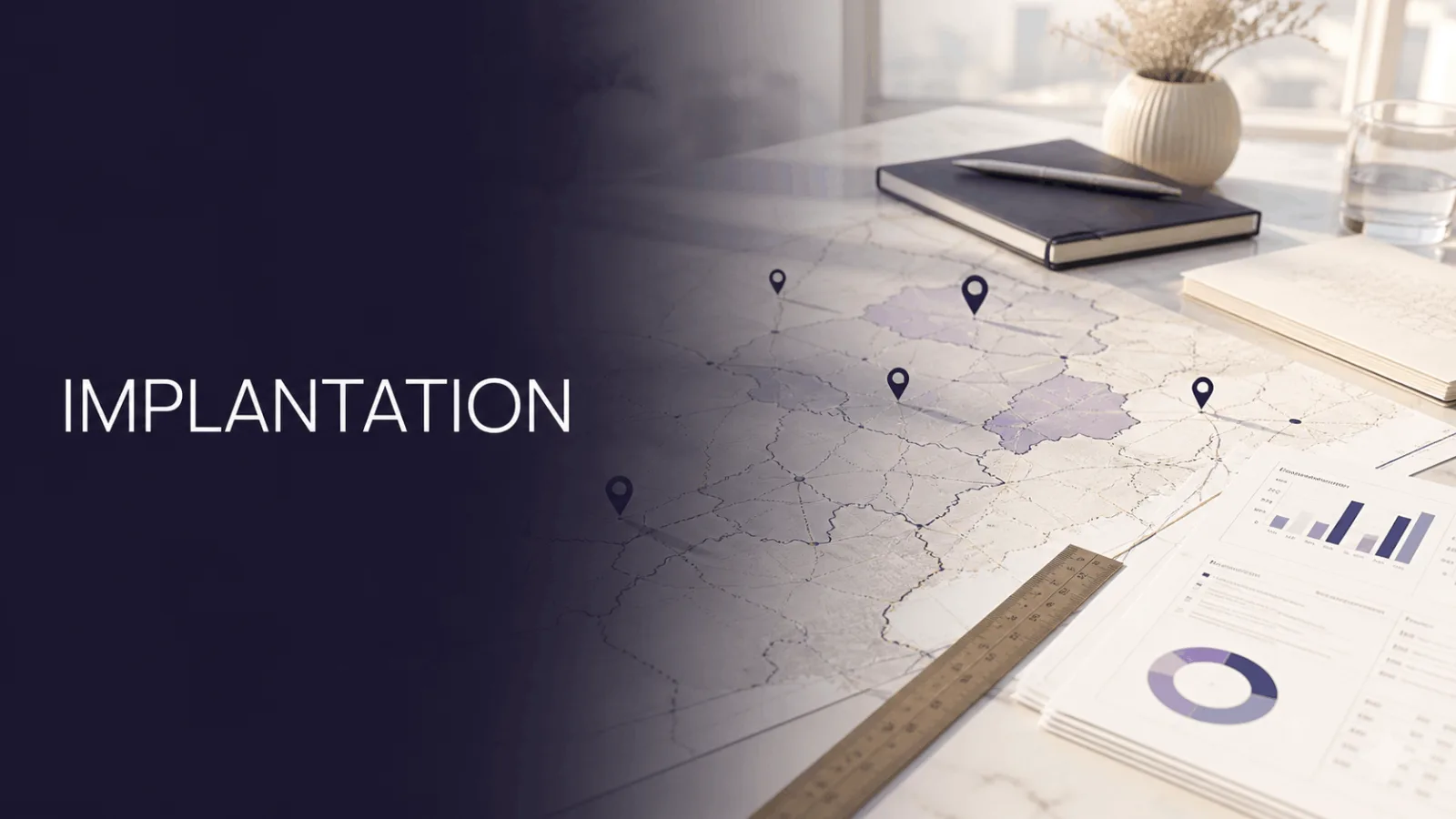 Une carte avec des points de localisation et un document avec des graphiques posés sur une table près d'un carnet et d'une règle avec le texte implantation
