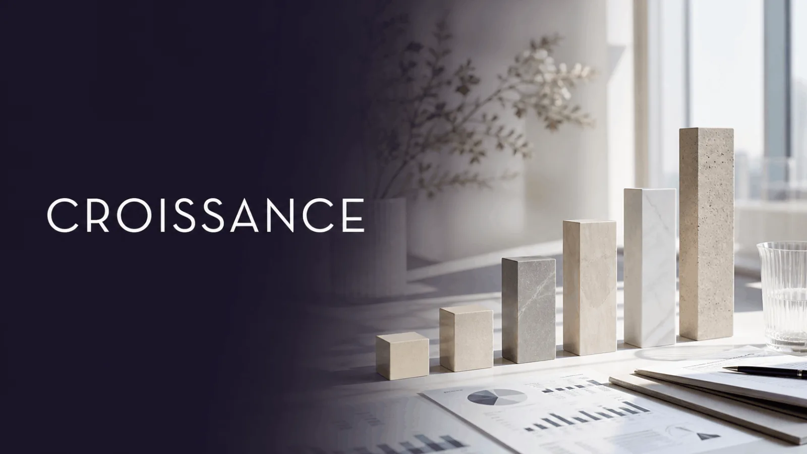 Une scène de bureau avec des blocs en 3D représentant une croissance et le mot croissance écrit à gauche