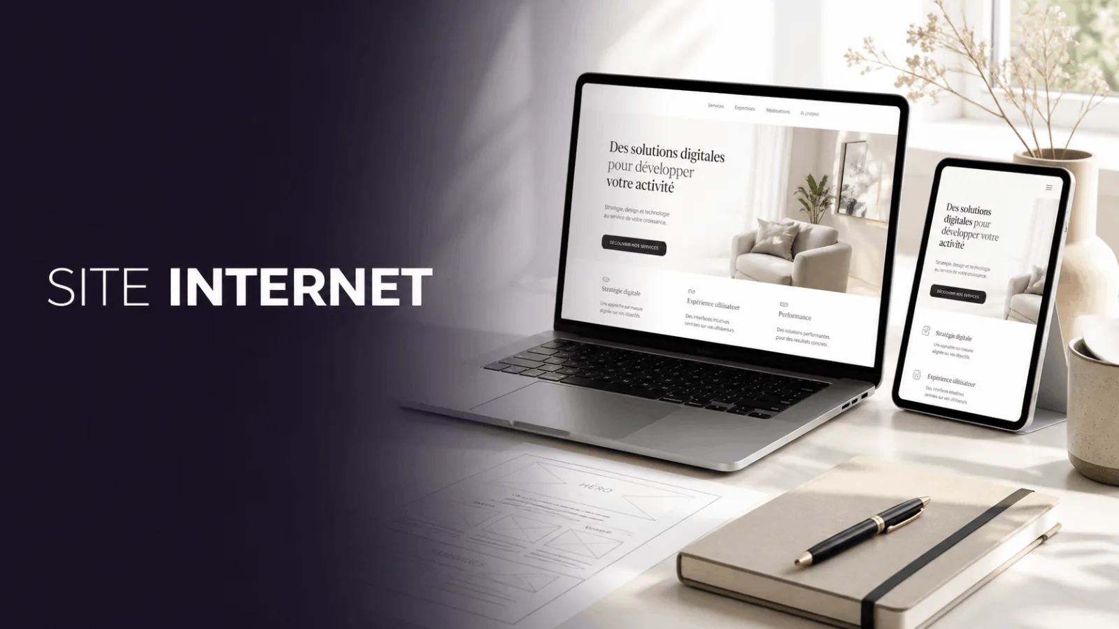 ordinateur portable et tablette affichant des solutions digitales pour développer votre activité avec le texte site internet