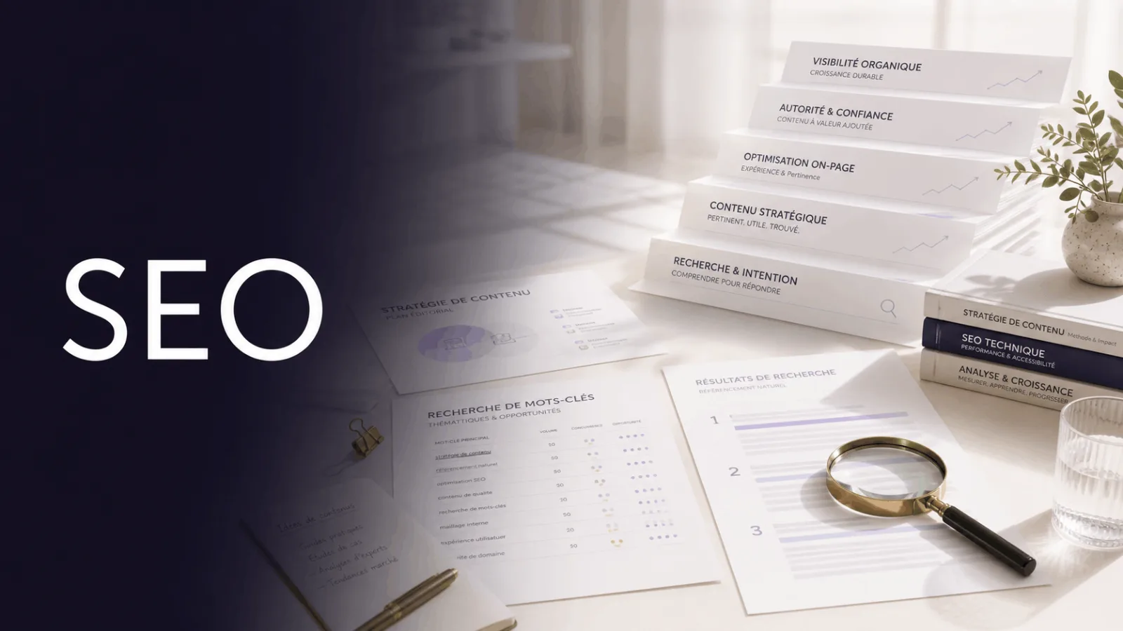 le mot seo en grand avec des documents sur la stratégie de contenu et la recherche de mots-clés sur un bureau avec une loupe