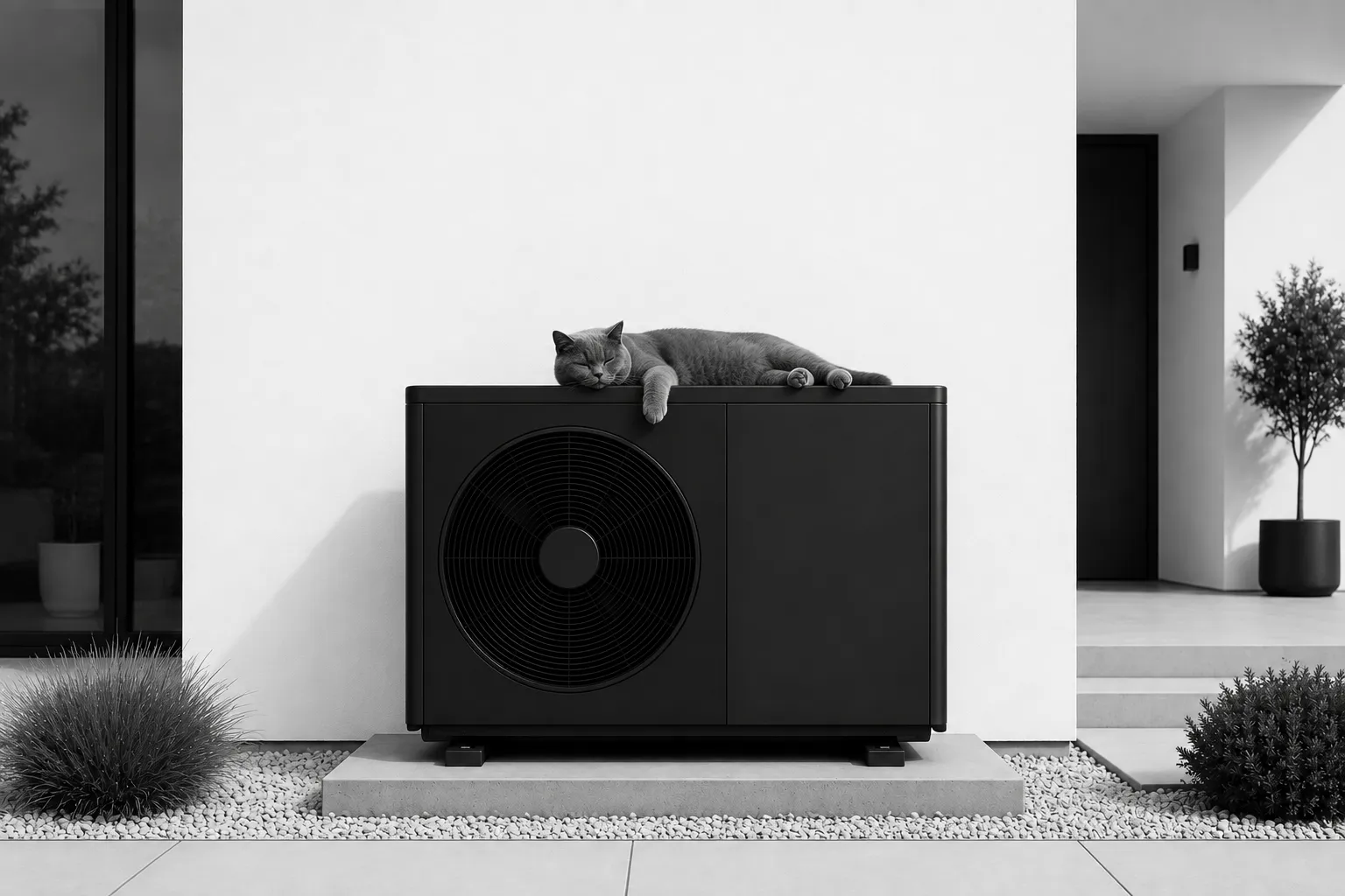 Schwarze Wärmepumpe mit Katze vor einem modernen Wohnhaus