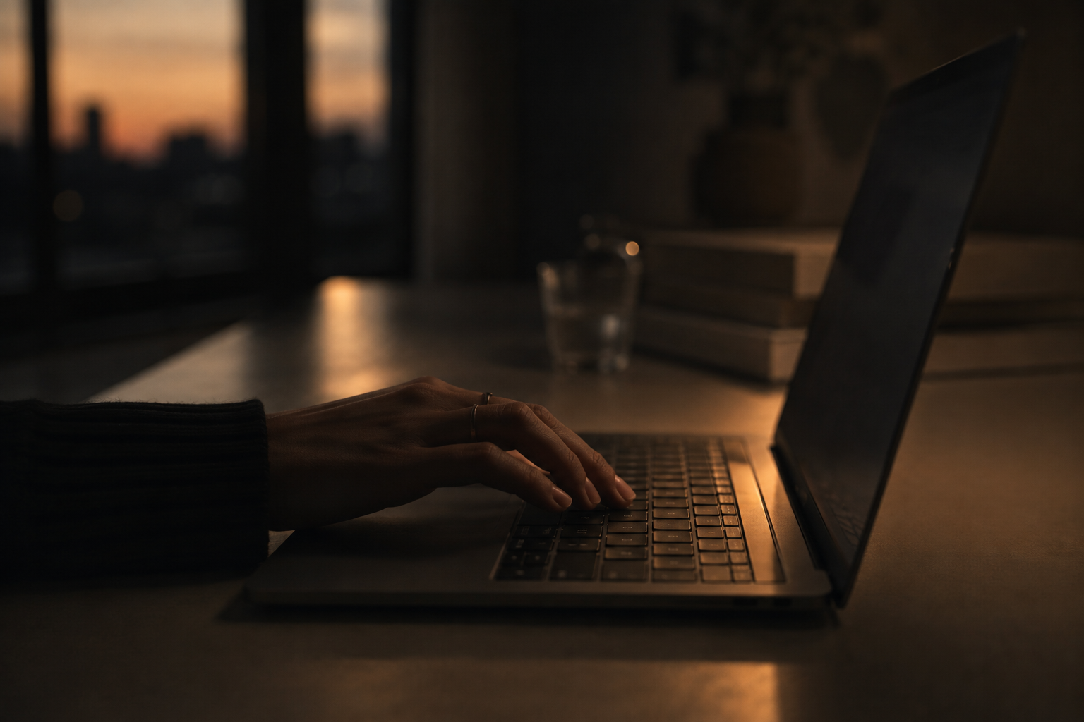 A person using a laptop in a dimly lit workspace.