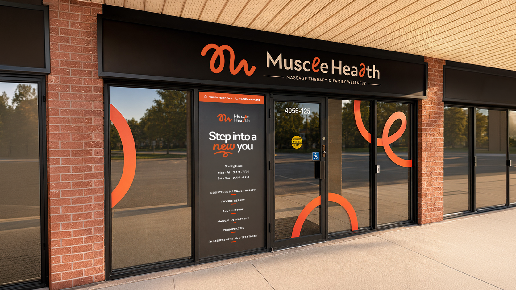 Muscle Health storefront with signage listing services: massage, physiotherapy, acupuncture, and more.