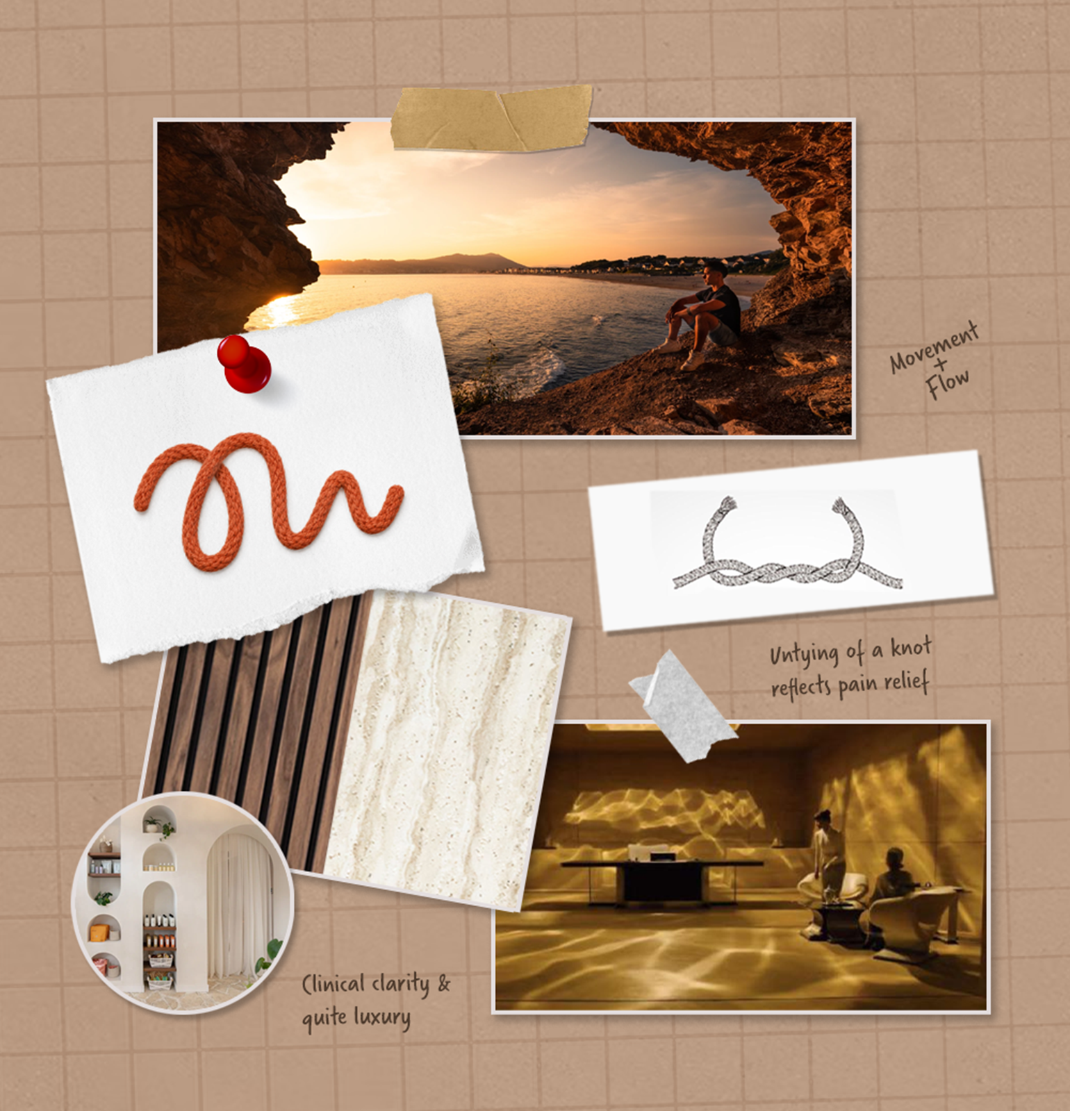Moodboard with a sunset cave photo, rope knot sketches, wood and stone textures, and warm lit room images.