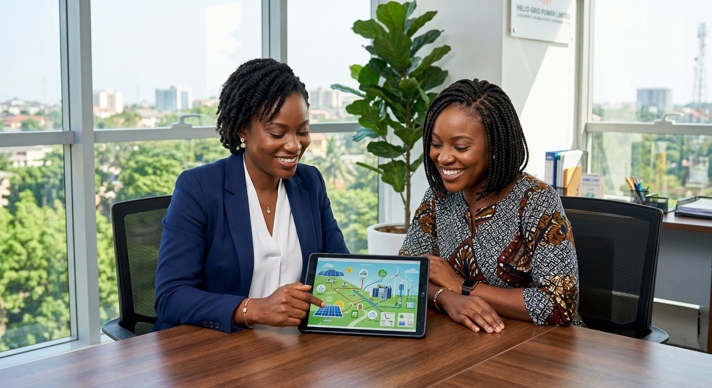Two smiling Black women sit at a wooden desk in an office with large windows and greenery outside; one in a navy blazer holds a tablet displaying a colorful renewable energy infographic with solar panels, wind turbines, and energy flow icons, while the other, in a patterned dress, watches attentively.