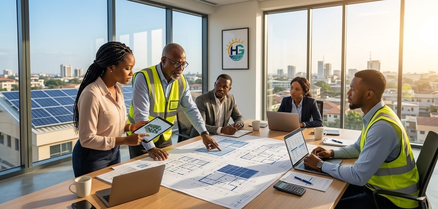 Group of five professionals, including two wearing safety vests, gathered around a large table in a modern office with large windows and city views, discussing building blueprints and digital tablet plans, with laptops, a calculator, and coffee cups on the table.