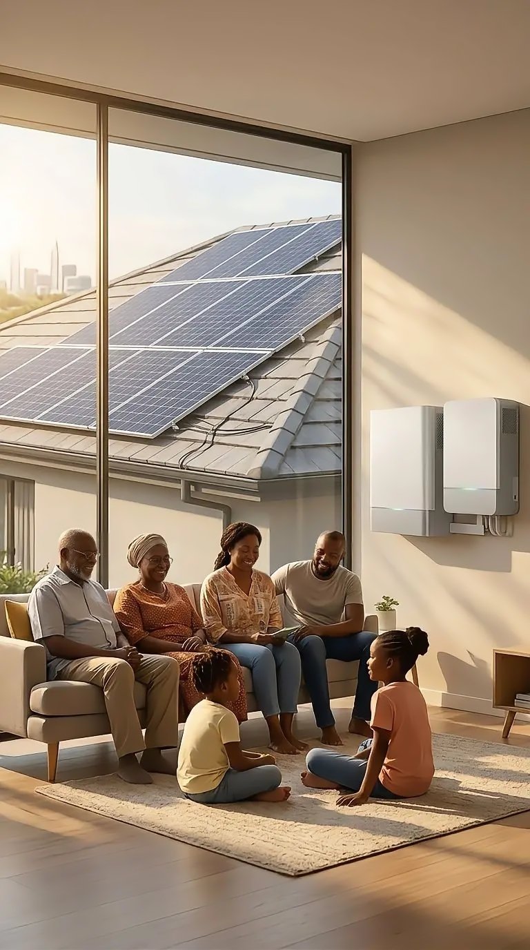 A multi-generational family of five sitting in a bright living room with large windows showing solar panels on the house roof outside, and two energy storage units mounted on the interior wall.
