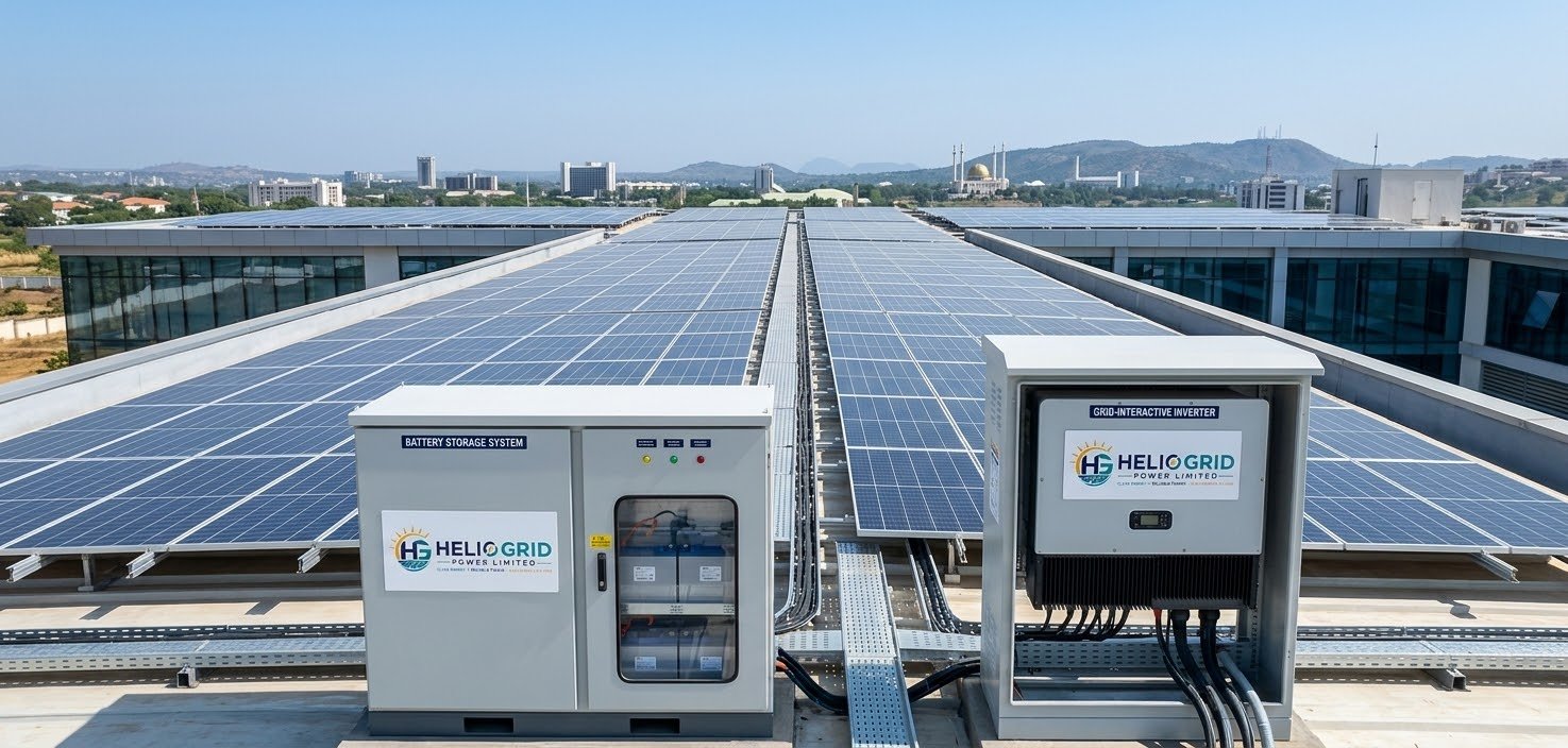Large rooftop array of solar panels with two labeled control boxes in the foreground marked 'Battery Storage System' and 'Grid-Interactive Inverter' from HelioGrid Power Limited, with a cityscape and hills in the background under a clear blue sky.