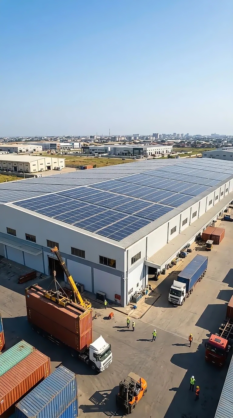 Aerial view of an industrial warehouse with solar panels covering its roof, surrounded by shipping containers, trucks, a crane lifting a container, a forklift, and workers in high-visibility clothing in the yard on a clear day.