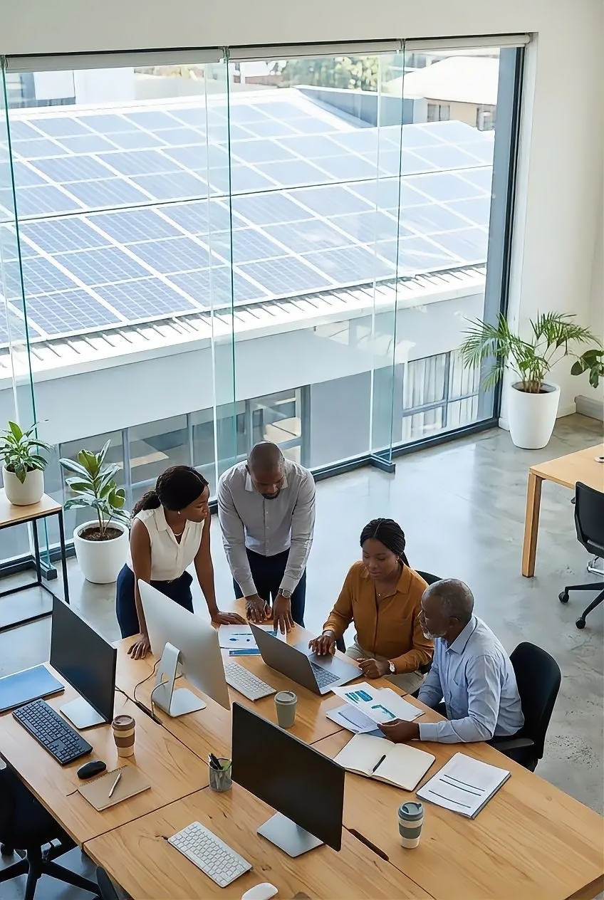 Four diverse colleagues gathered around a desk in a modern office with large glass windows showing solar panels outside, collaborating over laptops and documents.