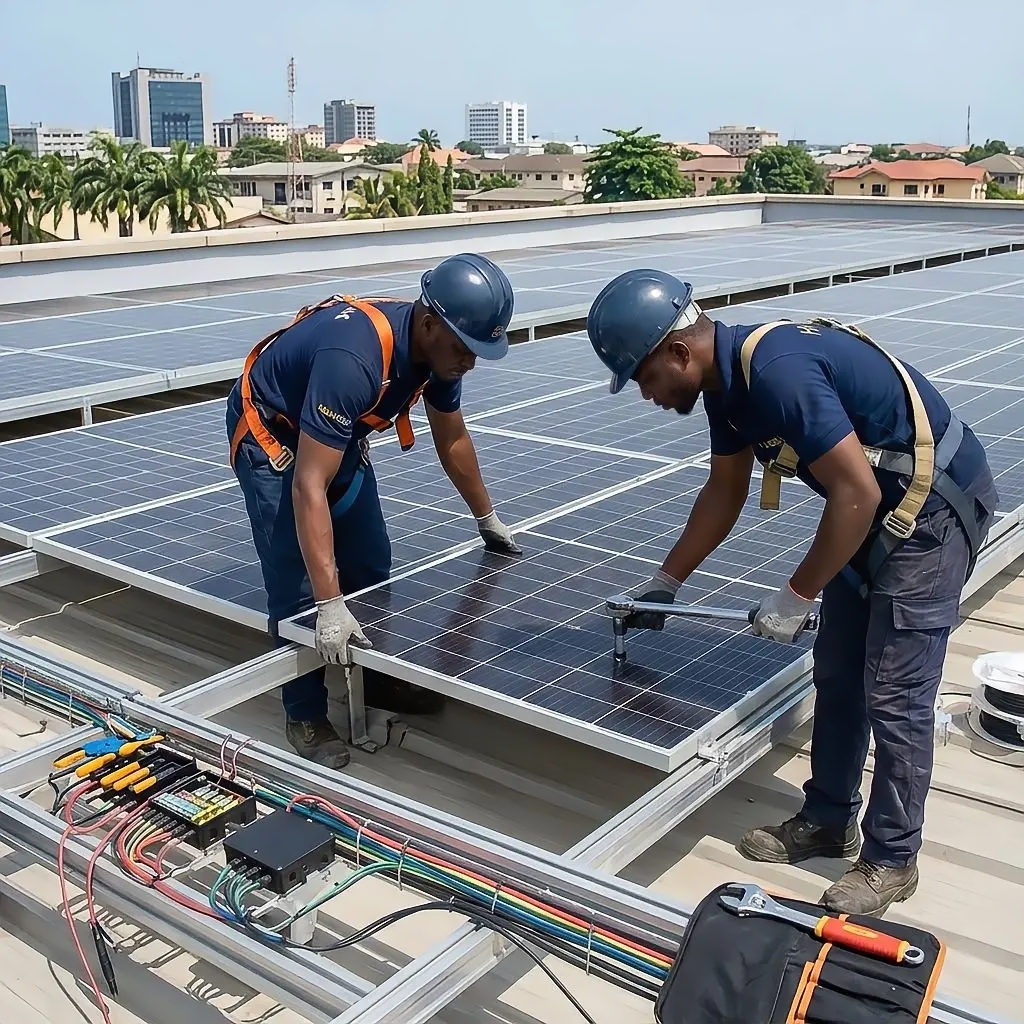Two technicians wearing helmets and safety harnesses are installing solar panels on a rooftop with electrical wiring and tools visible nearby, set against a backdrop of urban buildings and greenery.