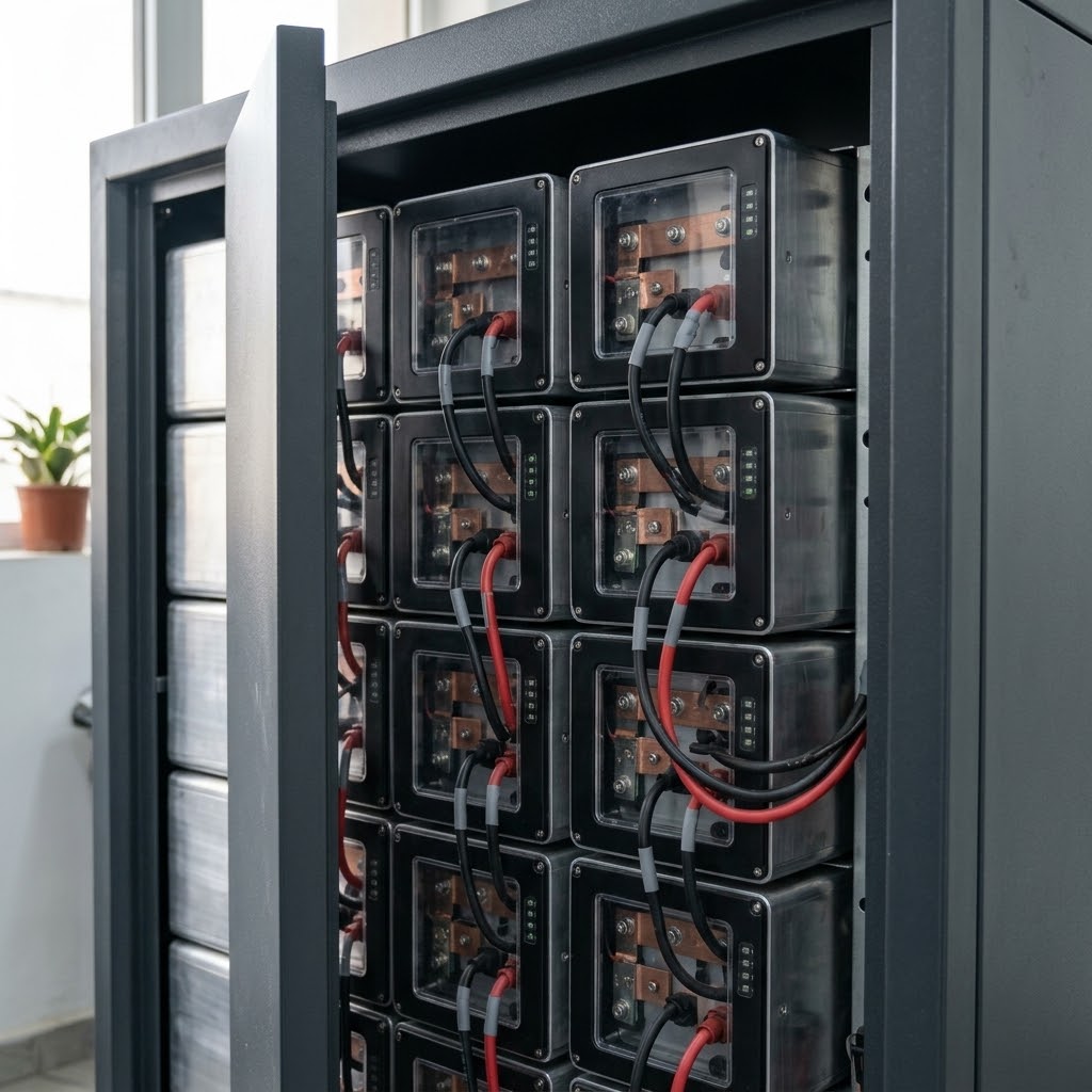 Close-up of black and red electrical cables connected to multiple transparent battery cells arranged in a tall, open dark gray metal cabinet.