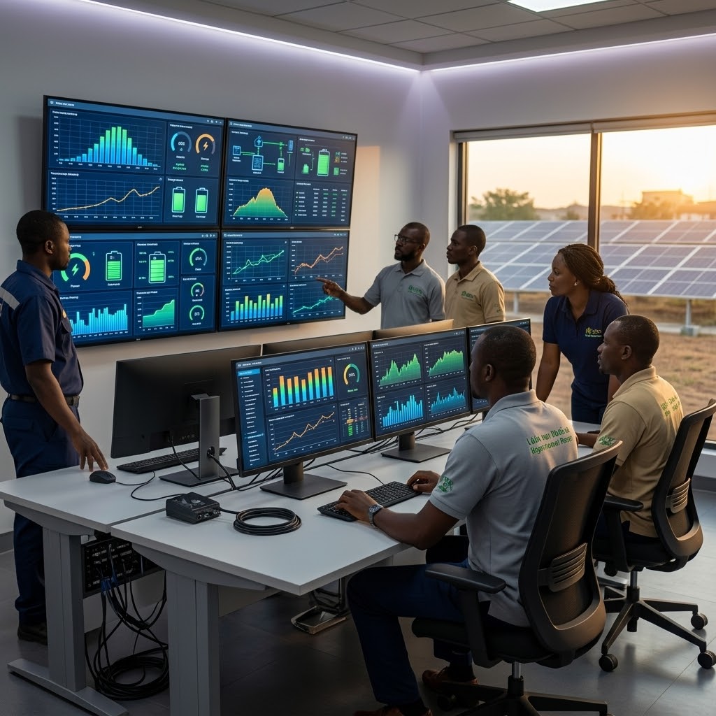 Six engineers in a control room monitoring energy data on multiple computer screens and wall-mounted displays, with a large window showing solar panels outside at sunset.