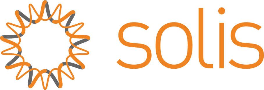 Solis logo with an abstract orange and gray sunburst design to the left of the stylized orange text 'solis'.