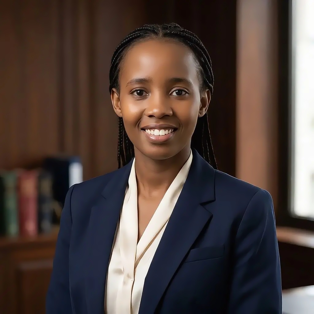 Smiling woman with braided hair wearing a navy blazer and white blouse, standing in an office with wooden bookshelves and a window in the background.