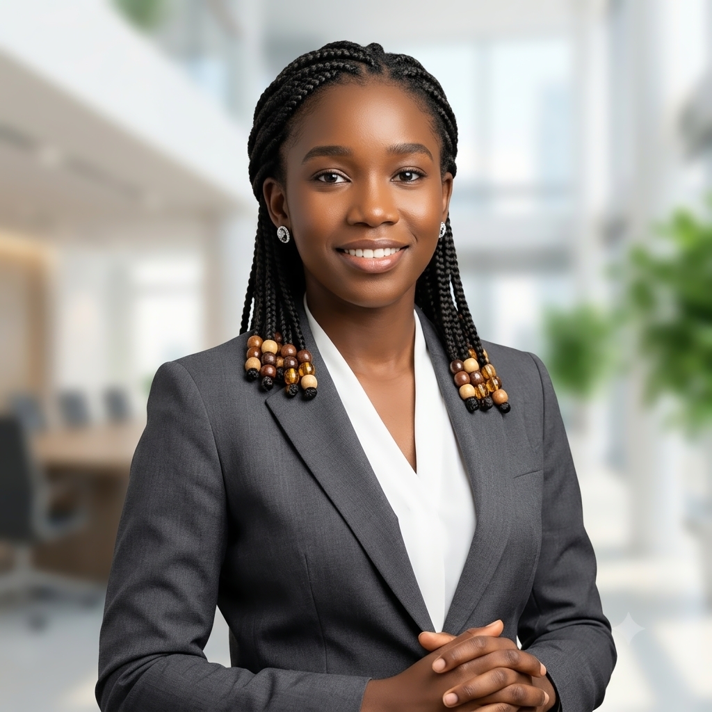 Smiling professional woman with braided hair adorned with wooden beads, wearing a gray blazer and white blouse, standing in a modern office space with blurred background.