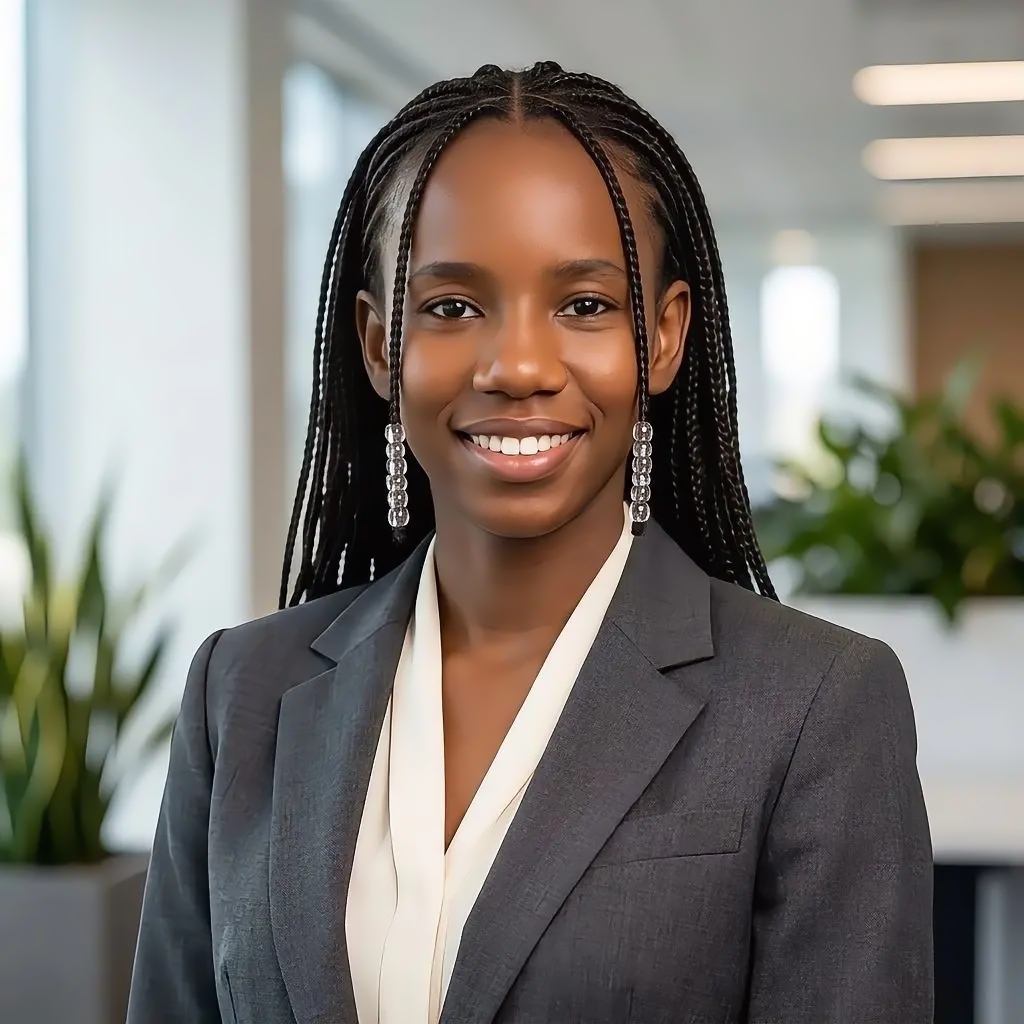 Young Black woman with long braided hair and clear beaded earrings smiling, wearing a dark gray blazer over a white blouse, standing in a modern office with plants and bright windows in the background.