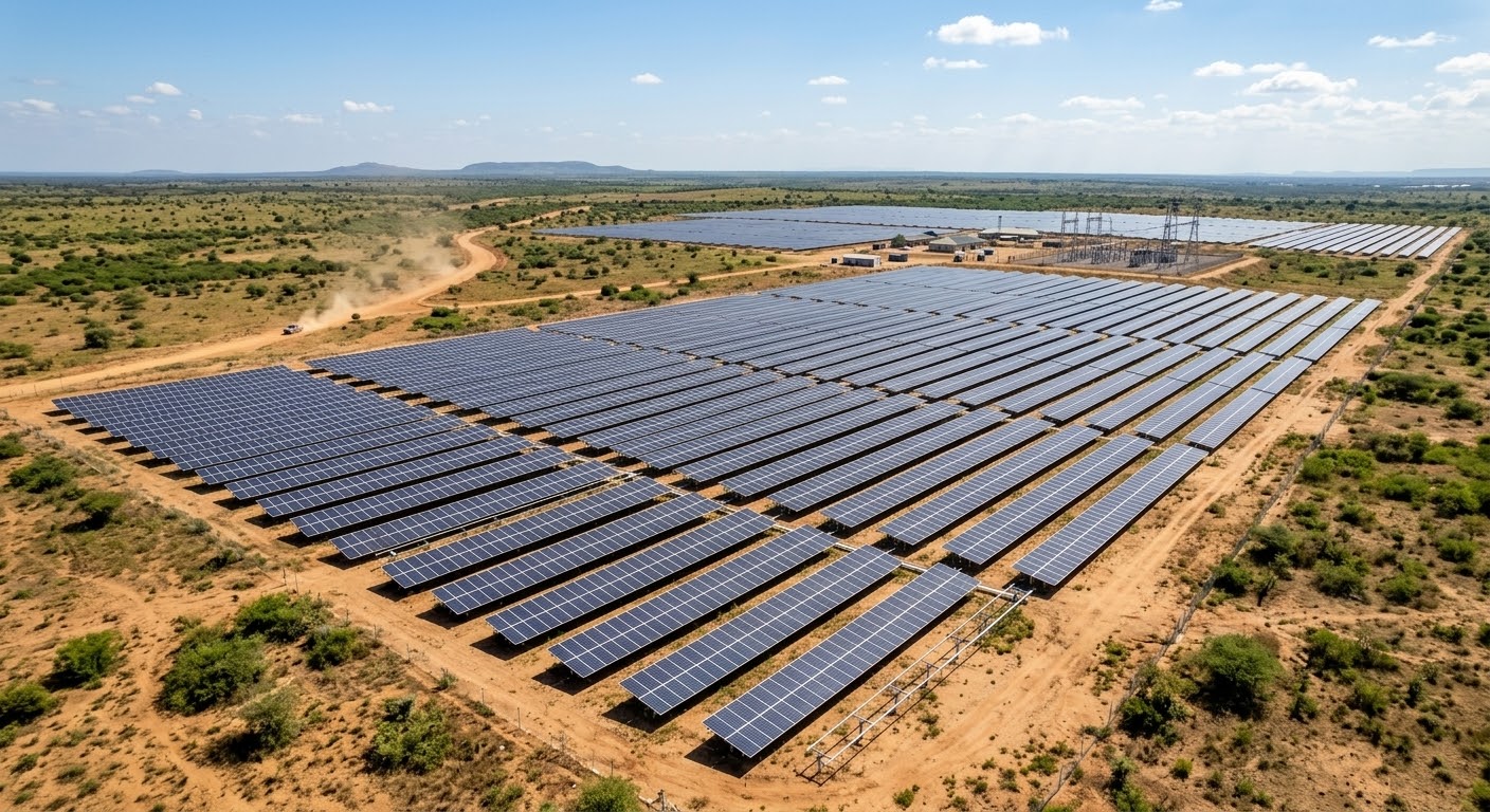 A large solar farm with rows of solar panels arranged in an open, dry landscape under a partly cloudy sky.