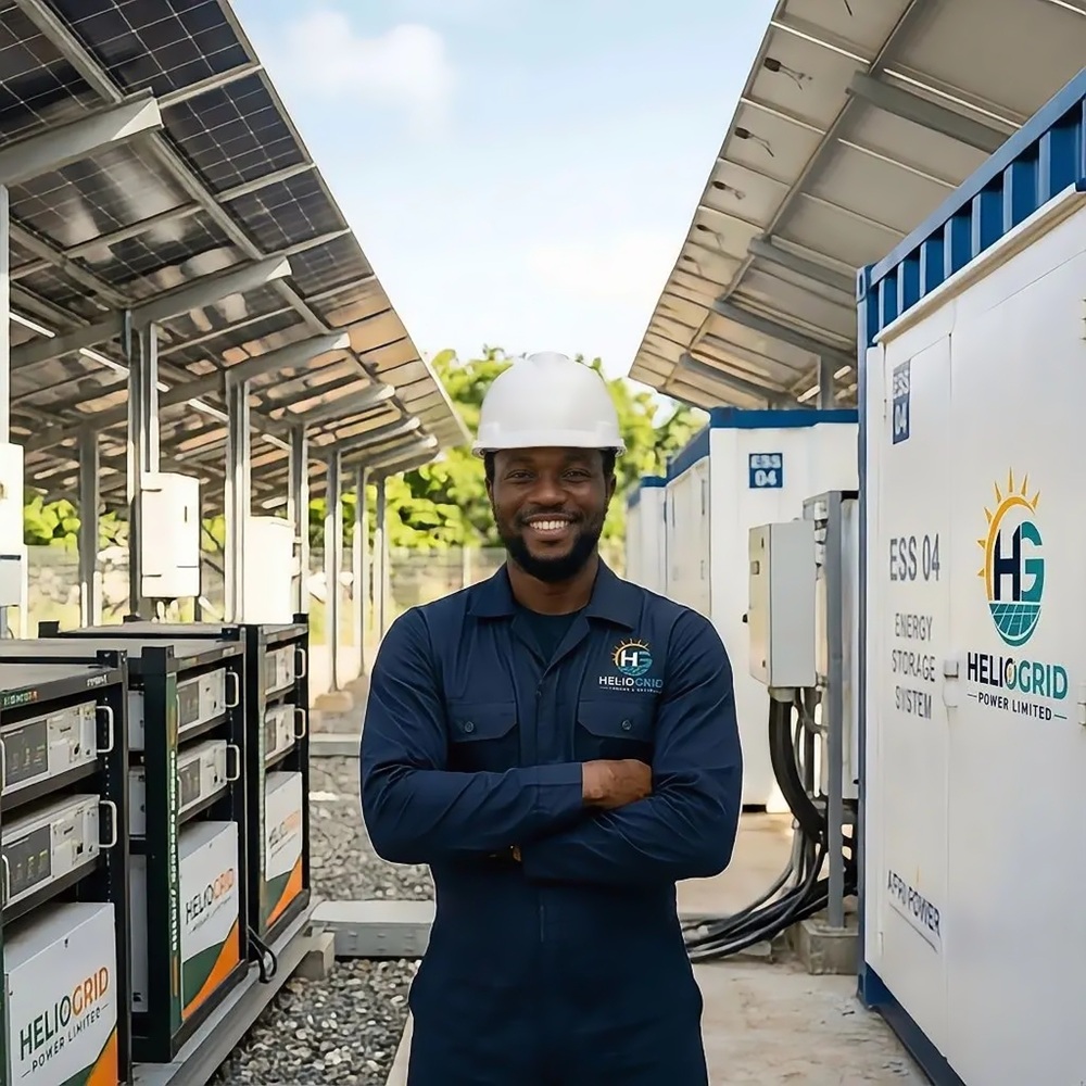Smiling man in blue coveralls and white hard hat standing with arms crossed at a solar power installation with HelioGrid branding on equipment and containers.