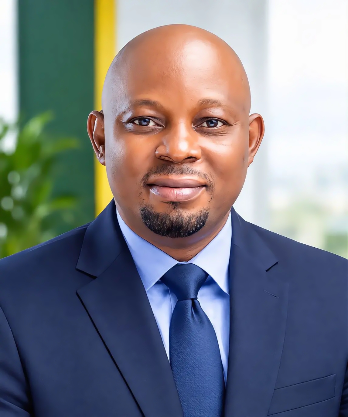Portrait of a bald man with a goatee wearing a dark blue suit jacket, light blue shirt, and dark blue tie, against a blurred office background with green plant and yellow vertical line.