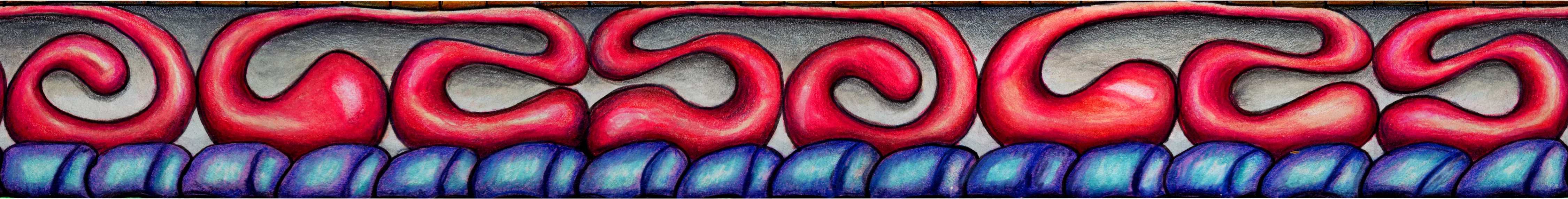 Middle Band One: Horizontal decorative band with repeating red and blue Grounded Core motifs
