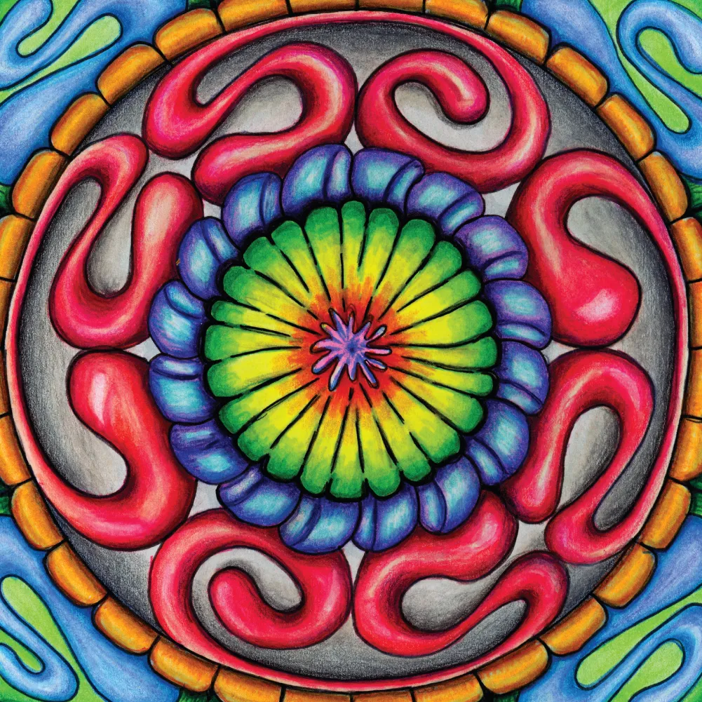 Edge Crop: Close cropped section of colorful curved mandala forms and layered linework