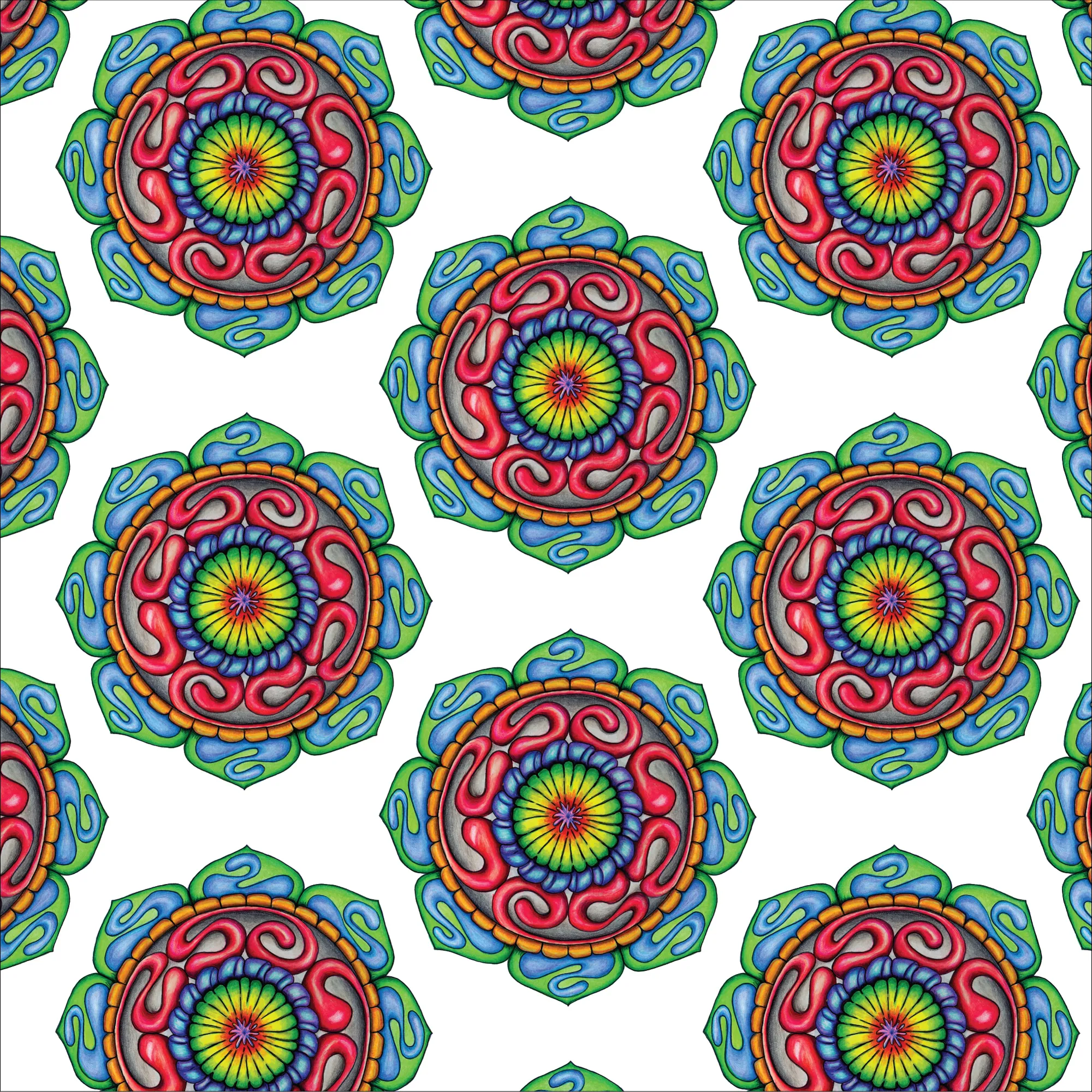 Repeat Pattern: Seamless repeating pattern of small colorful circular mandala motifs