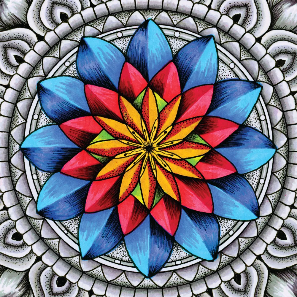 Edge Crop: Close crop of the Inner Coherence artwork showing colorful layered petals and detailed surrounding linework