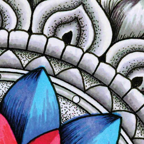 Detail Texture: Detailed close-up of black and white organic linework with blue and red geometric forms