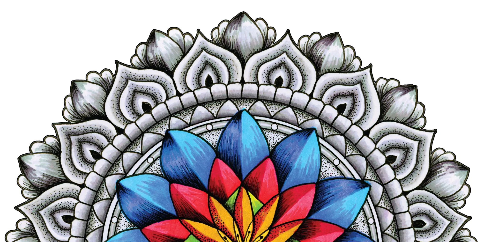 Half Crop: Half-cropped Inner Coherence mandala with a colorful center and intricate monochrome pattern