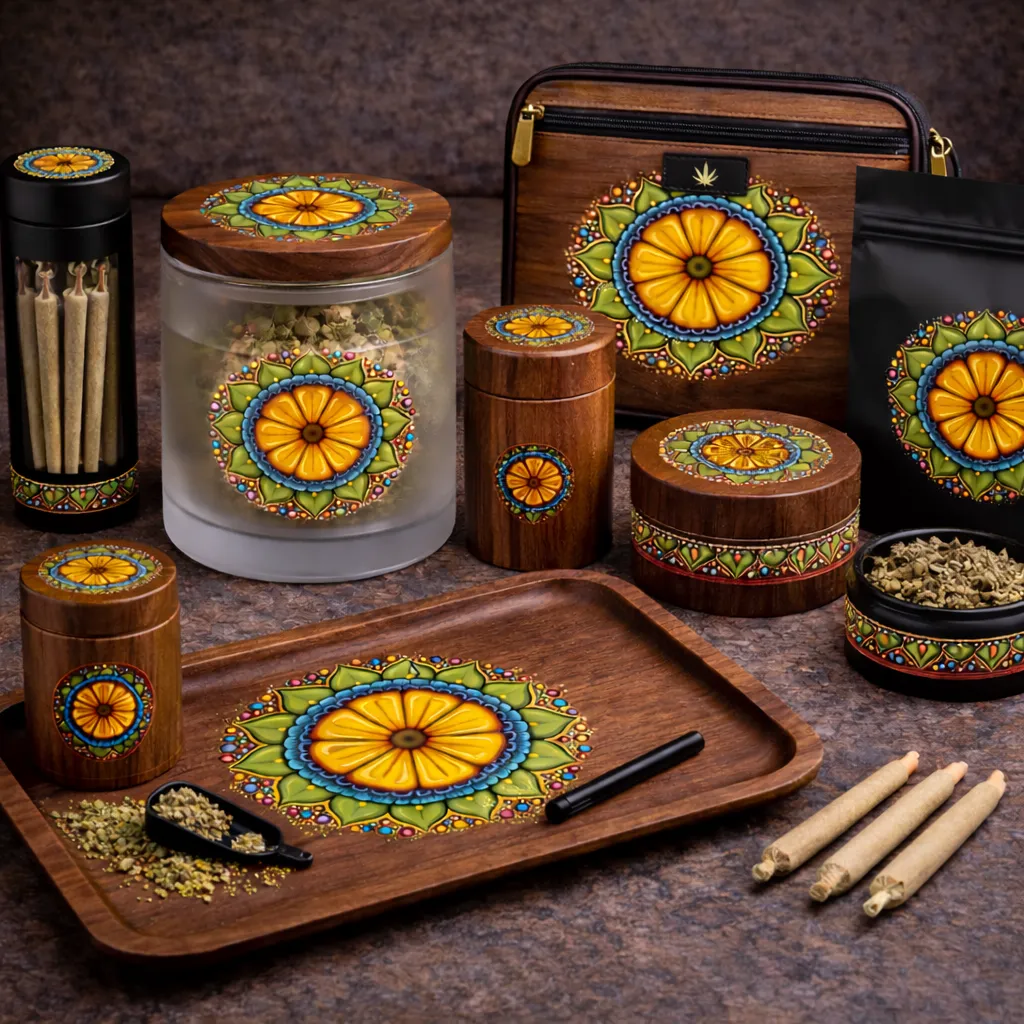 Cannabis products and accessories featuring the Surrender to Grace design system.