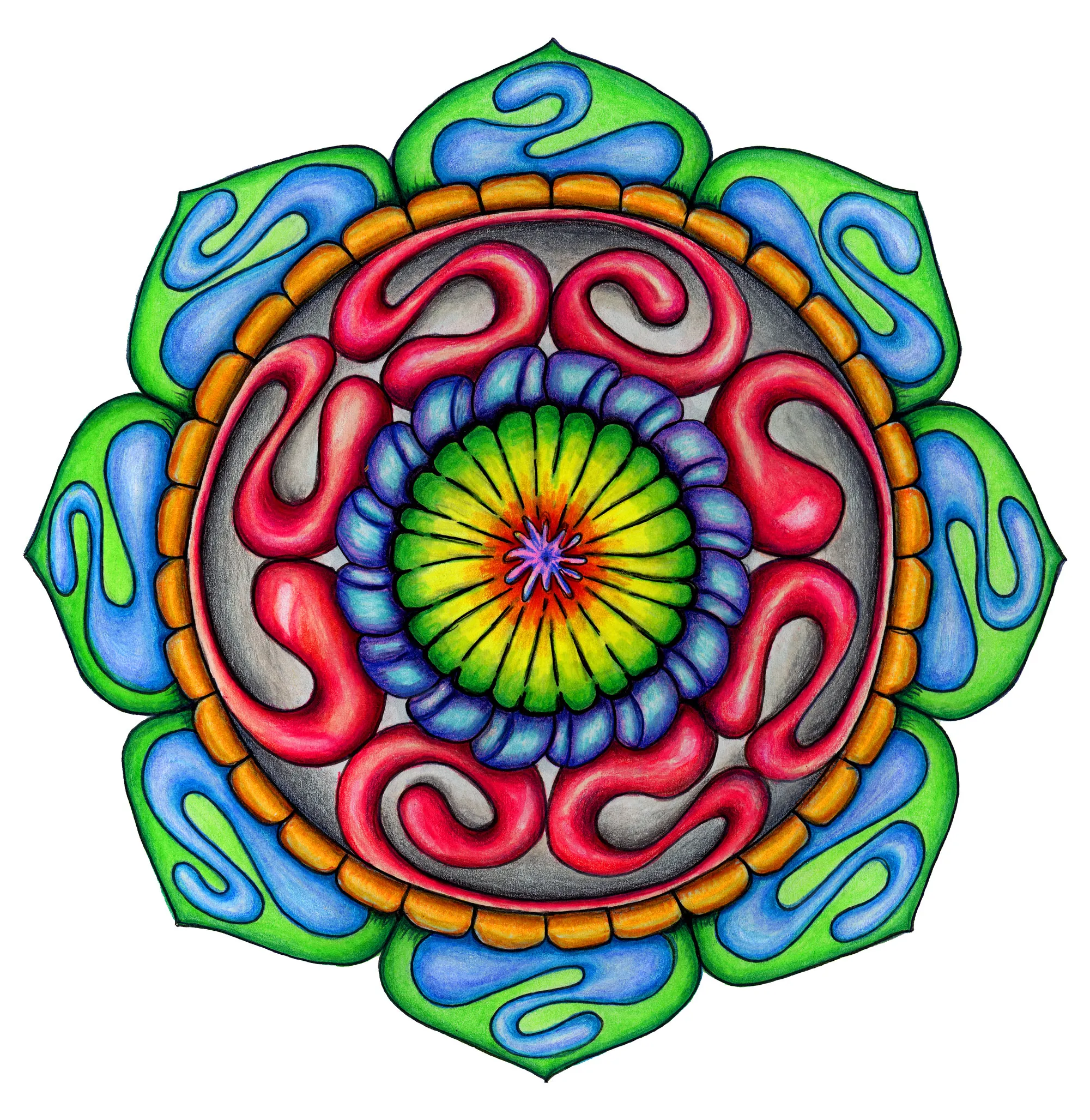 Colorful circular mandala artwork with layered red, blue, green and gold geometric forms