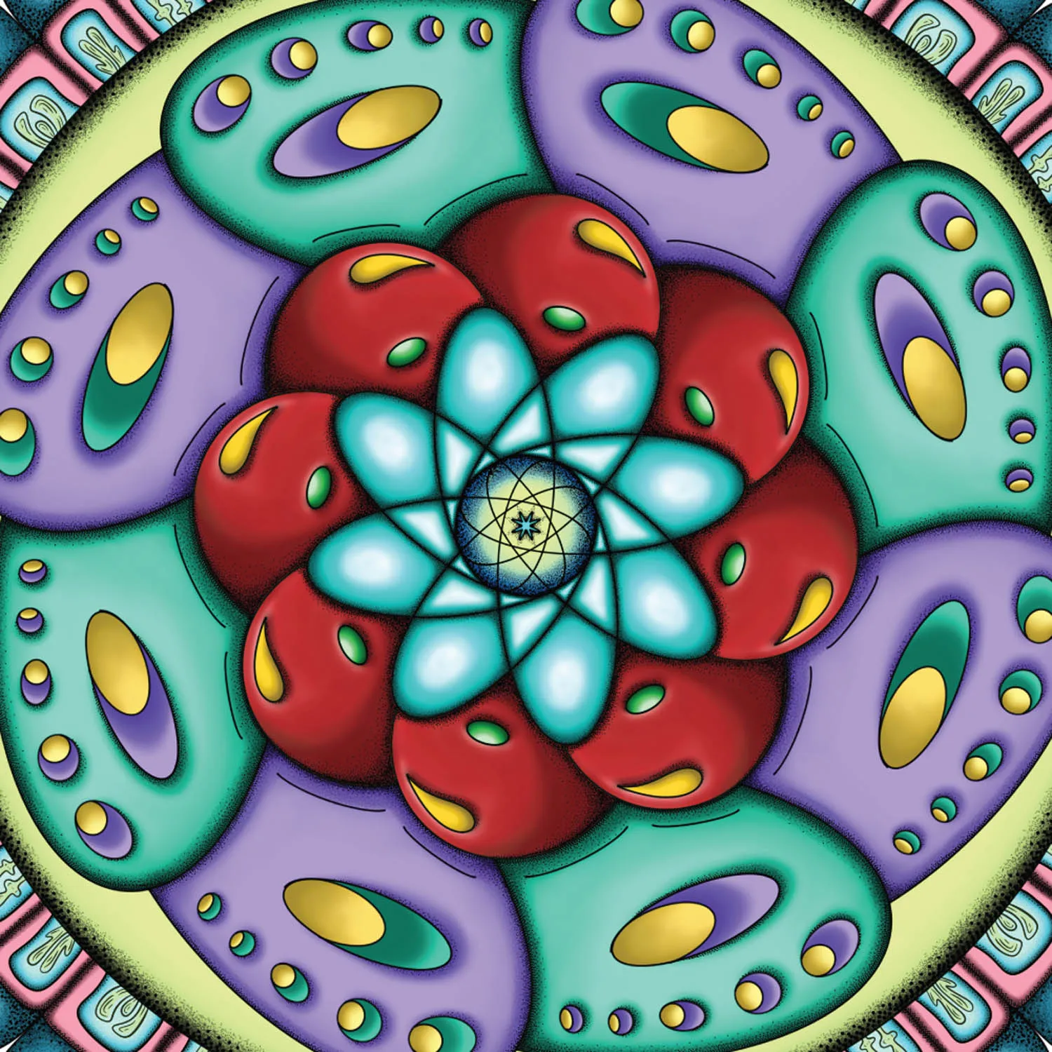 Original Atom Heart Flower mandala artwork by Flowstate Design Studio.