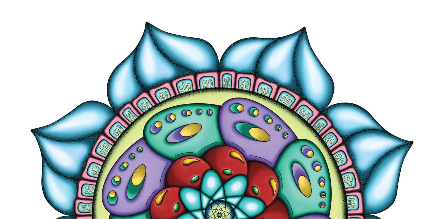 Original Atom Heart Flower mandala artwork by Flowstate Design Studio.