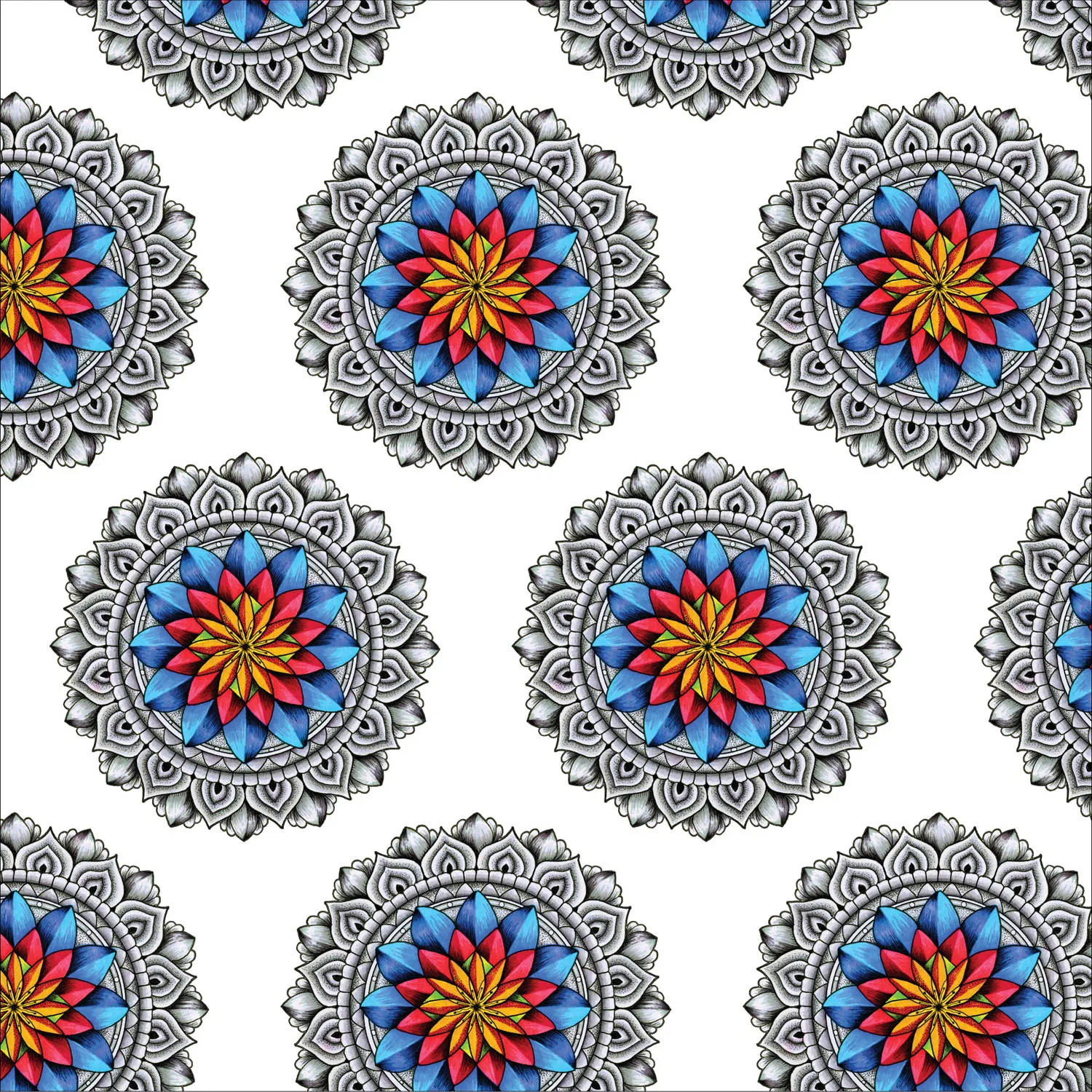 Repeat Pattern: Seamless repeating pattern of Inner Coherence mandala motifs with colorful centers