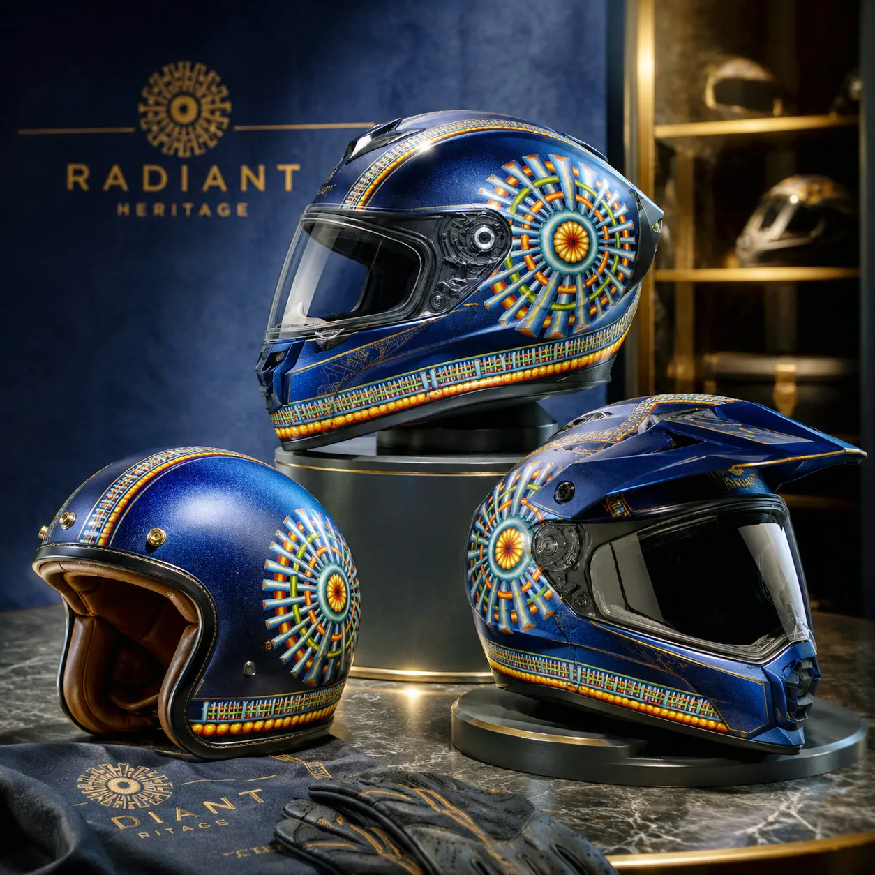 Motorcycle helmet collection featuring the Spokin design system.