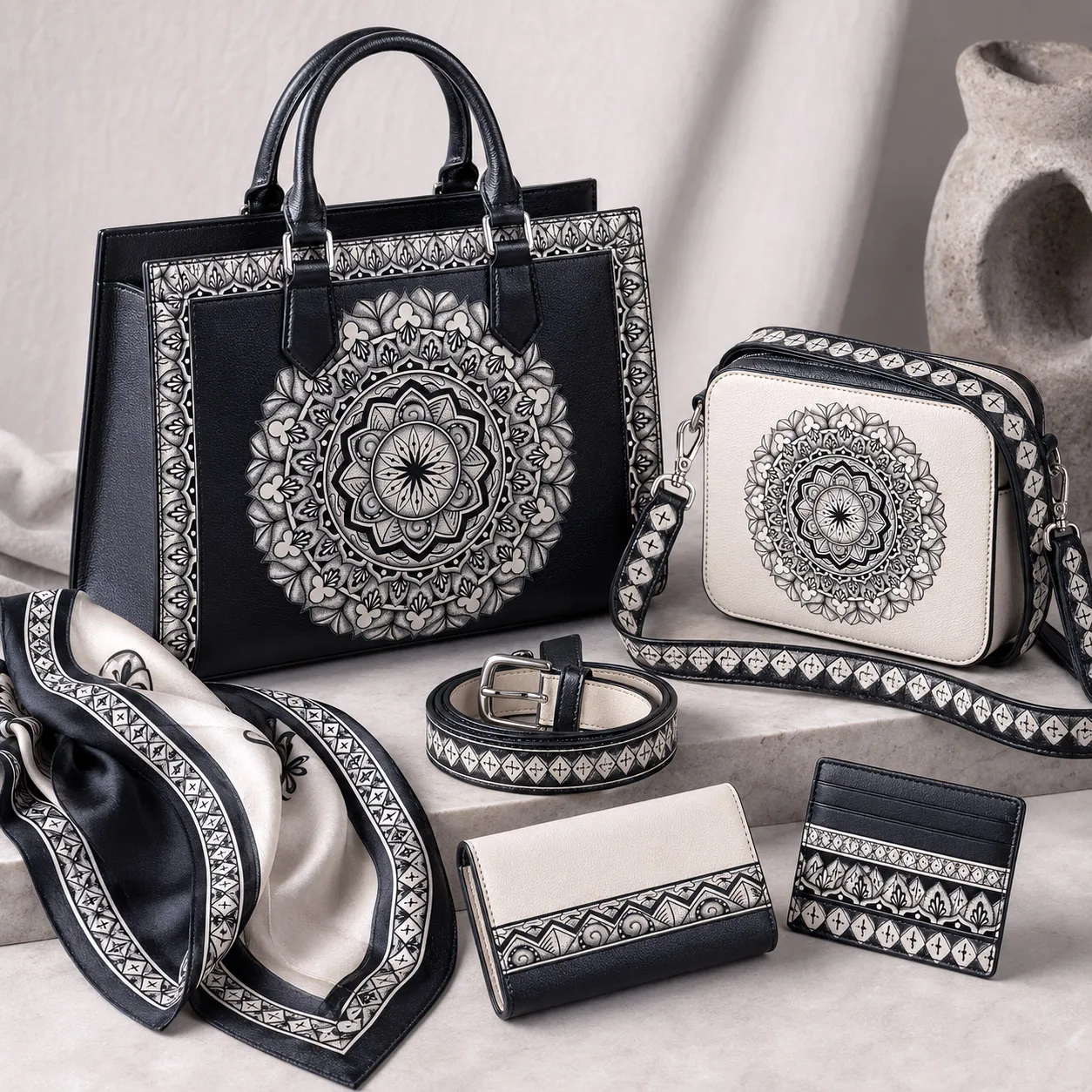 Fashion accessories featuring the Rhythmic Pulse design system.