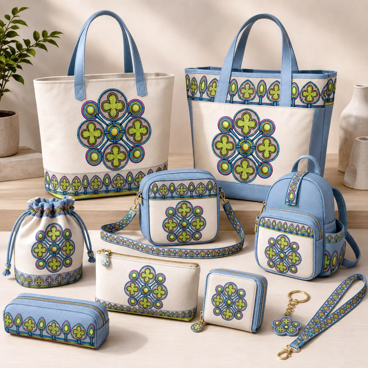 Bags and lifestyle accessories featuring the Ancestral Luck design system.