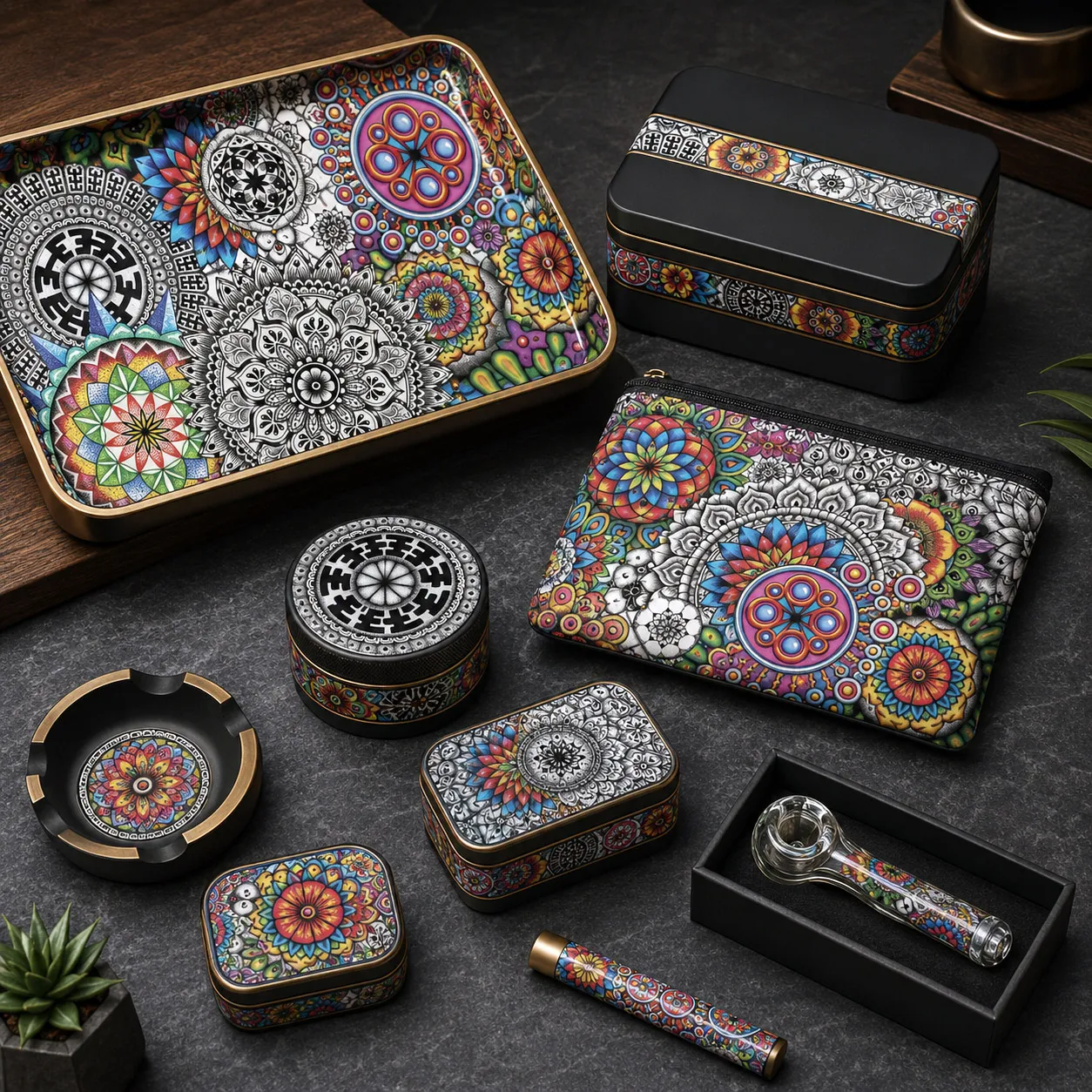 Premium cannabis accessories featuring Mandala Collage 1.